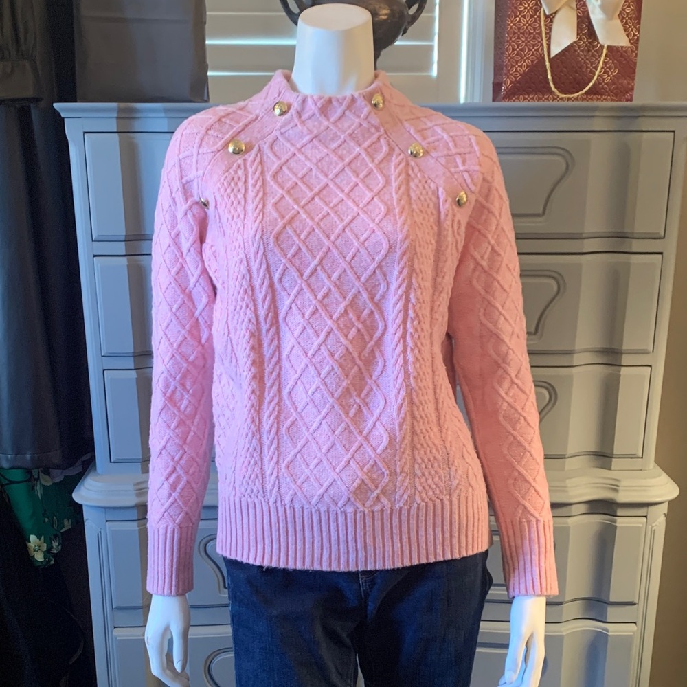 Cozy Pink Cable Knit Sweater w/gold button detail